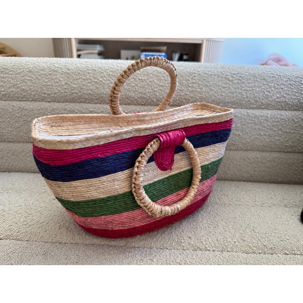 Woven Straw Palm Beach Tote Bag Colorful Stripe Round Handles Zip Top Boho